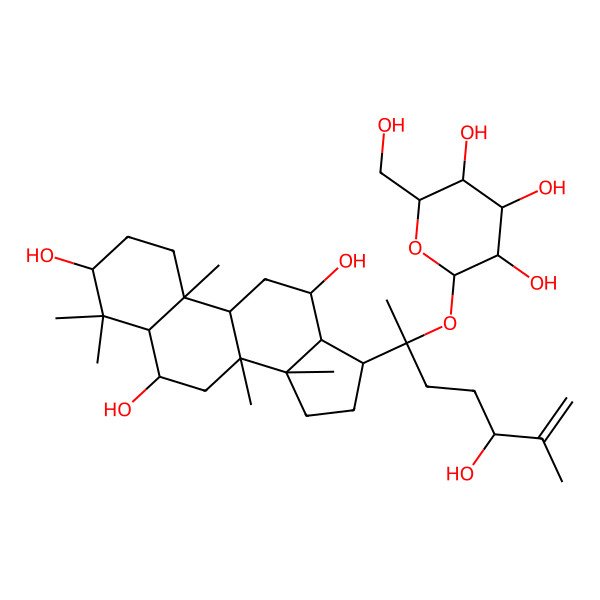 2D Structure of (2R,3S,4S,5R,6S)-2-(hydroxymethyl)-6-[(2S,5R)-5-hydroxy-6-methyl-2-[(3S,5R,6S,8R,9R,10R,12R,13R,14R,17S)-3,6,12-trihydroxy-4,4,8,10,14-pentamethyl-2,3,5,6,7,9,11,12,13,15,16,17-dodecahydro-1H-cyclopenta[a]phenanthren-17-yl]hept-6-en-2-yl]oxyoxane-3,4,5-triol