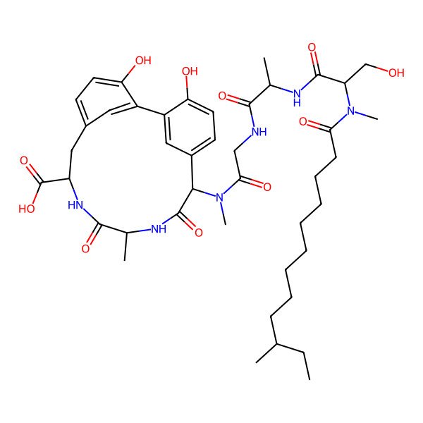 2D Structure of 3,18-Dihydroxy-14-[[2-[2-[[3-hydroxy-2-[methyl(10-methyldodecanoyl)amino]propanoyl]amino]propanoylamino]acetyl]-methylamino]-11-methyl-10,13-dioxo-9,12-diazatricyclo[13.3.1.12,6]icosa-1(18),2,4,6(20),15(19),16-hexaene-8-carboxylic acid