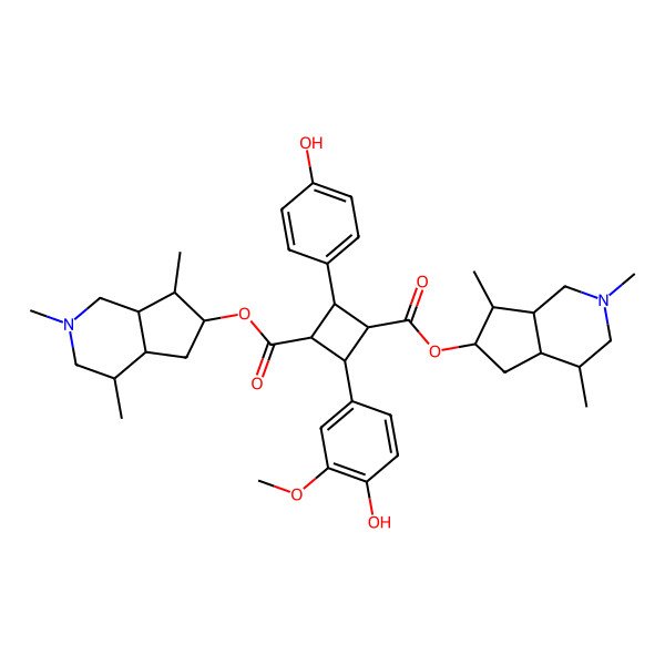 2D Structure of Bis(2,4,7-trimethyl-1,3,4,4a,5,6,7,7a-octahydrocyclopenta[c]pyridin-6-yl) 2-(4-hydroxy-3-methoxyphenyl)-4-(4-hydroxyphenyl)cyclobutane-1,3-dicarboxylate