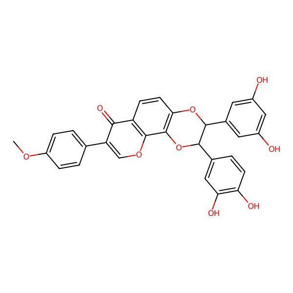 2D Structure of 2-(3,4-Dihydroxyphenyl)-3-(3,5-dihydroxyphenyl)-8-(4-methoxyphenyl)-2,3-dihydropyrano[3,2-h][1,4]benzodioxin-7-one