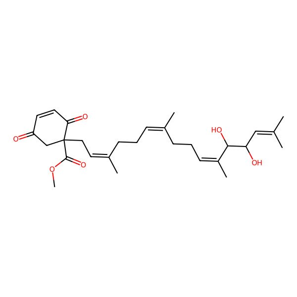 2D Structure of methyl 1-[(2E,6E,10E,12R,13S)-12,13-dihydroxy-3,7,11,15-tetramethylhexadeca-2,6,10,14-tetraenyl]-2,5-dioxocyclohex-3-ene-1-carboxylate