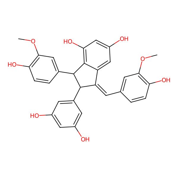 2D Structure of (1Z,2R,3R)-2-(3,5-dihydroxyphenyl)-3-(4-hydroxy-3-methoxyphenyl)-1-[(4-hydroxy-3-methoxyphenyl)methylidene]-2,3-dihydroindene-4,6-diol