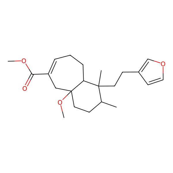 2D Structure of methyl (1S,2R,4aR,9aR)-1-[2-(furan-3-yl)ethyl]-4a-methoxy-1,2-dimethyl-3,4,5,8,9,9a-hexahydro-2H-benzo[7]annulene-6-carboxylate