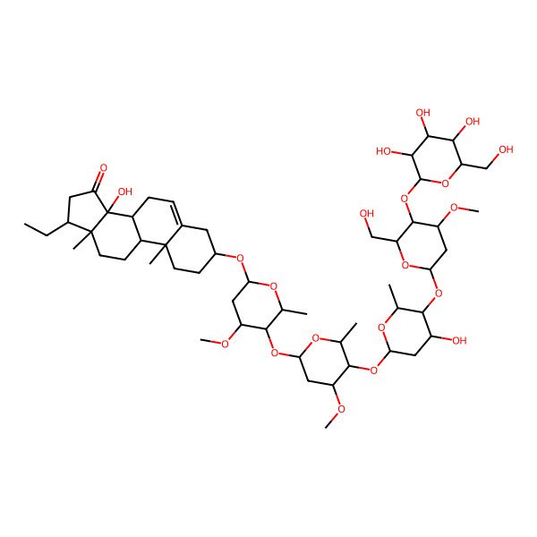 2D Structure of (3S,10R,13R,14S,17R)-17-ethyl-14-hydroxy-3-[(2R,4R,5R)-5-[(2S,4R,5R)-5-[(2S,4R,5S)-4-hydroxy-5-[(2S,4R,5S)-6-(hydroxymethyl)-4-methoxy-5-[(2S,4S,5S)-3,4,5-trihydroxy-6-(hydroxymethyl)oxan-2-yl]oxyoxan-2-yl]oxy-6-methyloxan-2-yl]oxy-4-methoxy-6-methyloxan-2-yl]oxy-4-methoxy-6-methyloxan-2-yl]oxy-10,13-dimethyl-2,3,4,7,8,9,11,12,16,17-decahydro-1H-cyclopenta[a]phenanthren-15-one