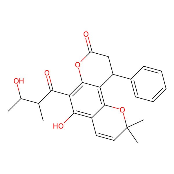 2D Structure of 5-hydroxy-6-[(2R,3S)-3-hydroxy-2-methylbutanoyl]-2,2-dimethyl-10-phenyl-9,10-dihydropyrano[2,3-f]chromen-8-one