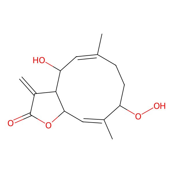 2D Structure of (3aS,4R,5E,9S,10E,11aS)-9-hydroperoxy-4-hydroxy-6,10-dimethyl-3-methylidene-3a,4,7,8,9,11a-hexahydrocyclodeca[b]furan-2-one