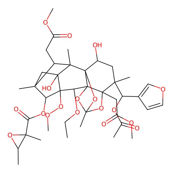 2D Structure of [(1R,2R,5S,9S,13S,14R,18S)-14-[(R)-acetyloxy(furan-3-yl)methyl]-8-ethoxy-3,16-dihydroxy-13,18-bis(2-methoxy-2-oxoethyl)-2,5,11,14-tetramethyl-7-methylperoxy-10,12,17-trioxahexacyclo[9.5.1.12,5.01,9.03,7.09,13]octadecan-6-yl] (2S,3R)-2,3-dimethyloxirane-2-carboxylate