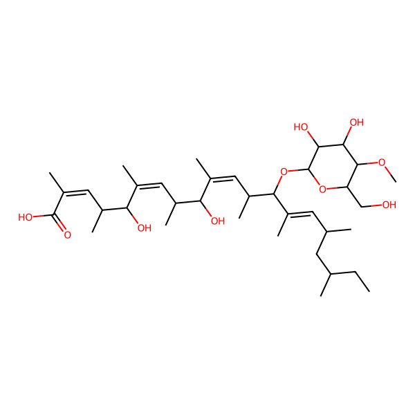 2D Structure of 13-[3,4-Dihydroxy-6-(hydroxymethyl)-5-methoxyoxan-2-yl]oxy-5,9-dihydroxy-2,4,6,8,10,12,14,16,18-nonamethylicosa-2,6,10,14-tetraenoic acid