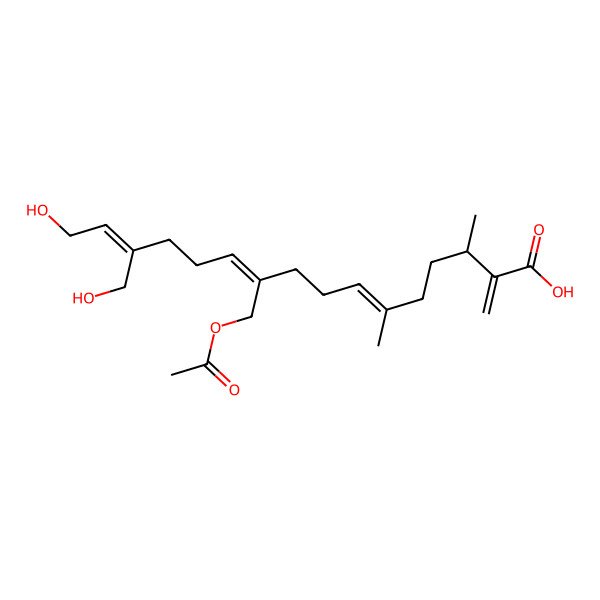 2D Structure of (3S,6E,10Z,14E)-10-(acetyloxymethyl)-16-hydroxy-14-(hydroxymethyl)-3,6-dimethyl-2-methylidenehexadeca-6,10,14-trienoic acid