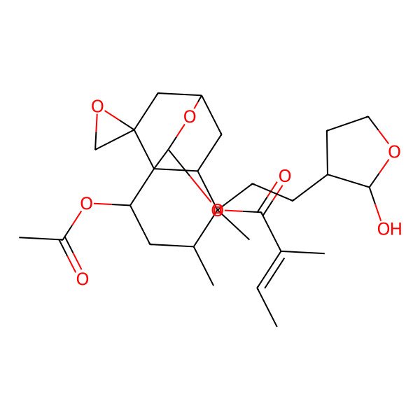 2D Structure of [2-Acetyloxy-5-[2-(2-hydroxyoxolan-3-yl)ethyl]-4,5-dimethylspiro[9-oxatricyclo[6.2.2.01,6]dodecane-11,2'-oxirane]-10-yl] 2-methylbut-2-enoate
