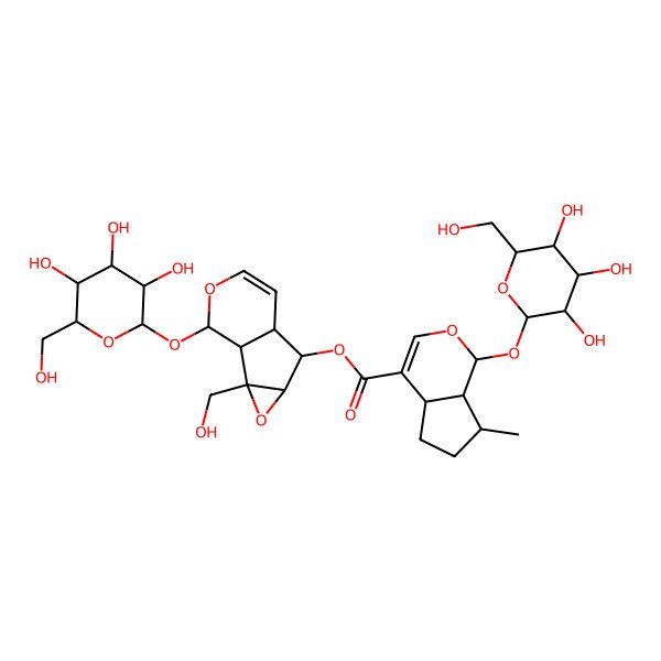 2D Structure of [(1S,4S,5S,6S,10S)-2-(hydroxymethyl)-10-[(2S,3S,4S,5S,6S)-3,4,5-trihydroxy-6-(hydroxymethyl)oxan-2-yl]oxy-3,9-dioxatricyclo[4.4.0.02,4]dec-7-en-5-yl] (1S,4aS,7R,7aR)-7-methyl-1-[(2S,3S,4R,5S,6R)-3,4,5-trihydroxy-6-(hydroxymethyl)oxan-2-yl]oxy-1,4a,5,6,7,7a-hexahydrocyclopenta[c]pyran-4-carboxylate