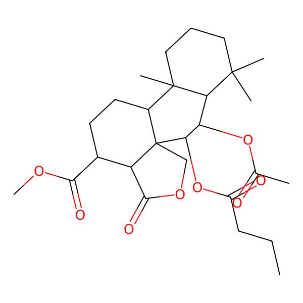 2D Structure of methyl (1R,2S,3R,4S,9R,10R,13R,14R)-3-acetyloxy-2-butanoyloxy-5,5,9-trimethyl-15-oxo-16-oxatetracyclo[8.7.0.01,14.04,9]heptadecane-13-carboxylate