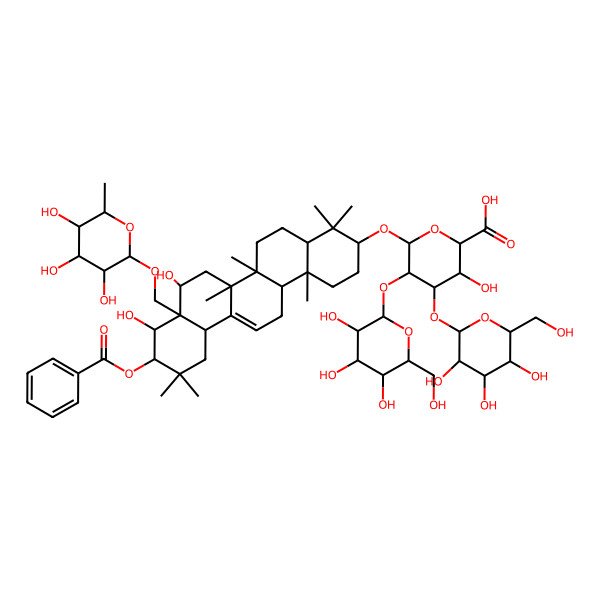2D Structure of 6-[[10-Benzoyloxy-8,9-dihydroxy-4,4,6a,6b,11,11,14b-heptamethyl-8a-[(3,4,5-trihydroxy-6-methyloxan-2-yl)oxymethyl]-1,2,3,4a,5,6,7,8,9,10,12,12a,14,14a-tetradecahydropicen-3-yl]oxy]-3-hydroxy-4,5-bis[[3,4,5-trihydroxy-6-(hydroxymethyl)oxan-2-yl]oxy]oxane-2-carboxylic acid