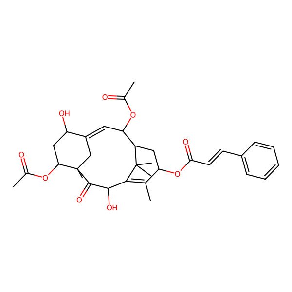 2D Structure of (3,12-Diacetyloxy-9,14-dihydroxy-7,11,16,16-tetramethyl-10-oxo-6-tricyclo[9.3.1.14,8]hexadeca-1,7-dienyl) 3-phenylprop-2-enoate