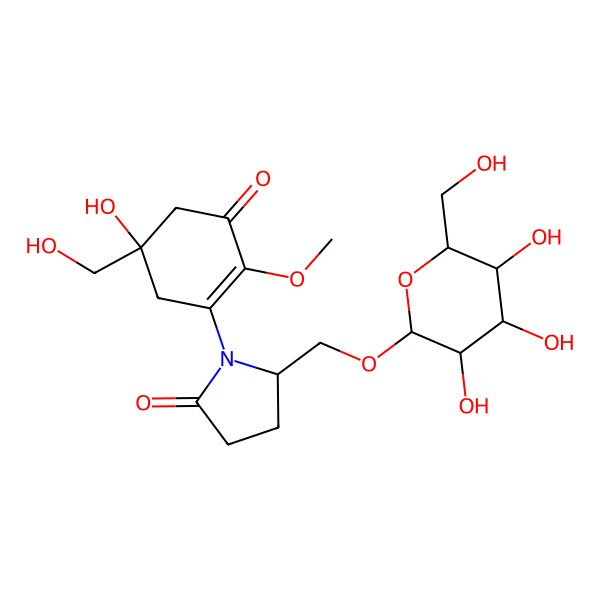 2D Structure of (5R)-1-[(5S)-5-hydroxy-5-(hydroxymethyl)-2-methoxy-3-oxocyclohexen-1-yl]-5-[[(2R,3R,4S,5S,6R)-3,4,5-trihydroxy-6-(hydroxymethyl)oxan-2-yl]oxymethyl]pyrrolidin-2-one