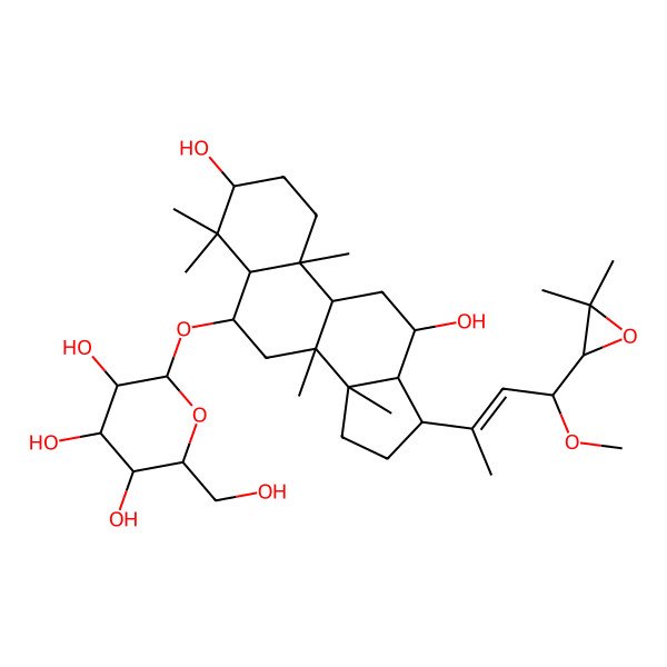 2D Structure of (2R,3R,4S,5S,6R)-2-[[(3S,5R,6S,8R,9R,10R,12R,13R,14R,17S)-17-[(E,4S)-4-[(2S)-3,3-dimethyloxiran-2-yl]-4-methoxybut-2-en-2-yl]-3,12-dihydroxy-4,4,8,10,14-pentamethyl-2,3,5,6,7,9,11,12,13,15,16,17-dodecahydro-1H-cyclopenta[a]phenanthren-6-yl]oxy]-6-(hydroxymethyl)oxane-3,4,5-triol