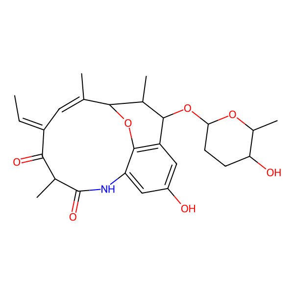 2D Structure of 6-Ethylidene-14-hydroxy-11-(5-hydroxy-6-methyloxan-2-yl)oxy-4,8,10-trimethyl-17-oxa-2-azatricyclo[7.6.2.012,16]heptadeca-1(15),7,12(16),13-tetraene-3,5-dione