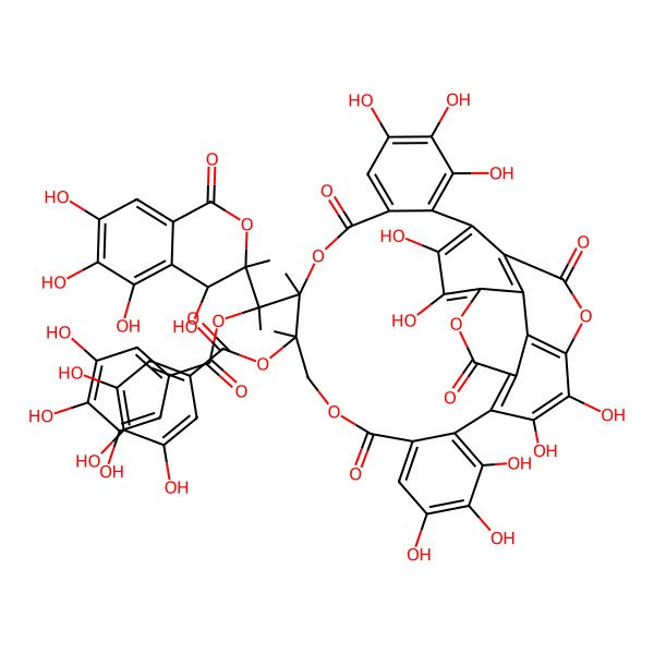 2D Structure of [(10R,11S)-3,4,5,17,18,19,22,23,34,35-decahydroxy-10,11-dimethyl-8,14,26,31-tetraoxo-10-[(1S)-1-[(3R,4R)-4,5,6,7-tetrahydroxy-3-methyl-1-oxo-4H-isochromen-3-yl]-1-(3,4,5-trihydroxybenzoyl)oxyethyl]-9,13,25,32-tetraoxaheptacyclo[25.8.0.02,7.015,20.021,30.024,29.028,33]pentatriaconta-1(35),2,4,6,15,17,19,21,23,27,29,33-dodecaen-11-yl] 3,4,5-trihydroxybenzoate