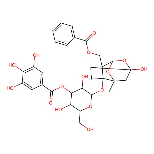 2D Structure of [(2S,3R,4S,5R,6R)-2-[[(1R,2S,3R,5R,6R,8S)-2-(benzoyloxymethyl)-6-hydroxy-8-methyl-9,10-dioxatetracyclo[4.3.1.02,5.03,8]decan-3-yl]oxy]-3,5-dihydroxy-6-(hydroxymethyl)oxan-4-yl] 3,4,5-trihydroxybenzoate