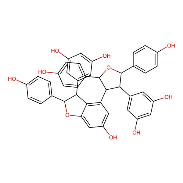 2D Structure of 5-[(2S,3R,4S,5R)-4-[(2S,3R)-3-(3,5-dihydroxyphenyl)-6-hydroxy-2-(4-hydroxyphenyl)-2,3-dihydro-1-benzofuran-4-yl]-2,5-bis(4-hydroxyphenyl)oxolan-3-yl]benzene-1,3-diol