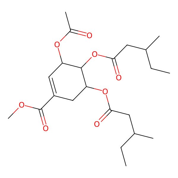 2D Structure of methyl (3R,4S,5R)-3-acetyloxy-5-[(3S)-3-methylpentanoyl]oxy-4-[(3R)-3-methylpentanoyl]oxycyclohexene-1-carboxylate
