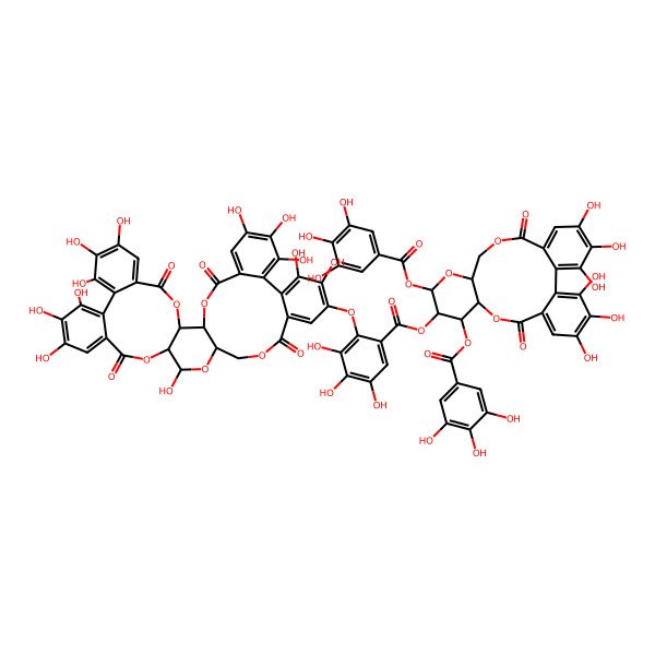 2D Structure of [3,4,5,21,22,23-Hexahydroxy-8,18-dioxo-11,13-bis[(3,4,5-trihydroxybenzoyl)oxy]-9,14,17-trioxatetracyclo[17.4.0.02,7.010,15]tricosa-1(23),2,4,6,19,21-hexaen-12-yl] 2-[(7,8,9,12,13,14,20,29,30,33,34,35-dodecahydroxy-4,17,25,38-tetraoxo-3,18,21,24,39-pentaoxaheptacyclo[20.17.0.02,19.05,10.011,16.026,31.032,37]nonatriaconta-5,7,9,11,13,15,26,28,30,32,34,36-dodecaen-28-yl)oxy]-3,4,5-trihydroxybenzoate