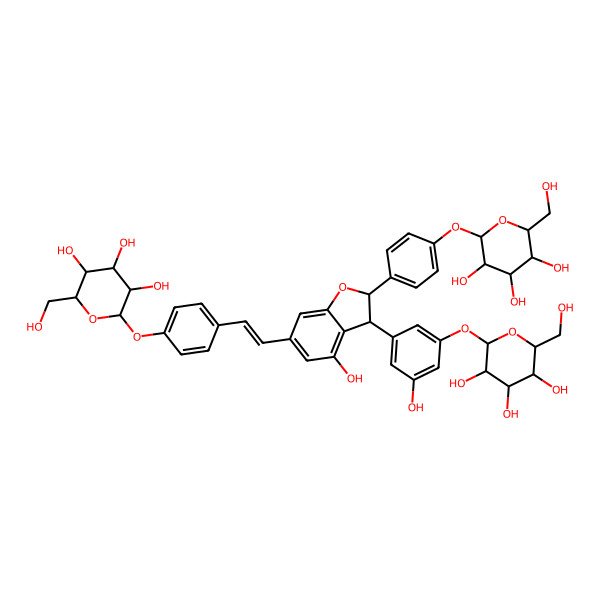 2D Structure of (2S,3R,4S,5S,6R)-2-[4-[(E)-2-[(2R,3R)-4-hydroxy-3-[3-hydroxy-5-[(2S,3R,4S,5S,6R)-3,4,5-trihydroxy-6-(hydroxymethyl)oxan-2-yl]oxyphenyl]-2-[4-[(2S,3R,4S,5S,6R)-3,4,5-trihydroxy-6-(hydroxymethyl)oxan-2-yl]oxyphenyl]-2,3-dihydro-1-benzofuran-6-yl]ethenyl]phenoxy]-6-(hydroxymethyl)oxane-3,4,5-triol