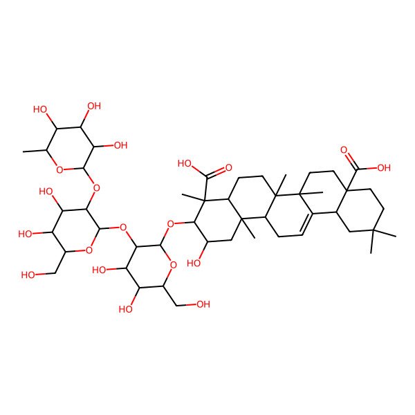 2D Structure of 3-[3-[4,5-Dihydroxy-6-(hydroxymethyl)-3-(3,4,5-trihydroxy-6-methyloxan-2-yl)oxyoxan-2-yl]oxy-4,5-dihydroxy-6-(hydroxymethyl)oxan-2-yl]oxy-2-hydroxy-4,6a,6b,11,11,14b-hexamethyl-1,2,3,4a,5,6,7,8,9,10,12,12a,14,14a-tetradecahydropicene-4,8a-dicarboxylic acid