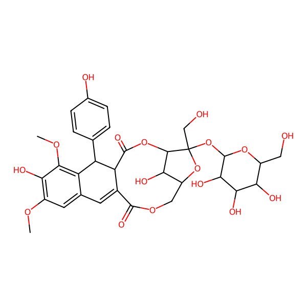 2D Structure of (1S,4R,5S,17R,19S,20R)-8,20-dihydroxy-19-(hydroxymethyl)-5-(4-hydroxyphenyl)-7,9-dimethoxy-19-[(2R,3R,4S,5S,6R)-3,4,5-trihydroxy-6-(hydroxymethyl)oxan-2-yl]oxy-2,15,18-trioxatetracyclo[15.2.1.04,13.06,11]icosa-6,8,10,12-tetraene-3,14-dione