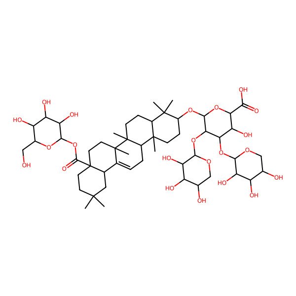 2D Structure of (2S,3S,4S,5R,6R)-6-[[(3S,4aR,6aR,6bS,8aS,12aR,14aR,14bR)-4,4,6a,6b,11,11,14b-heptamethyl-8a-[(2S,3R,4S,5S,6R)-3,4,5-trihydroxy-6-(hydroxymethyl)oxan-2-yl]oxycarbonyl-1,2,3,4a,5,6,7,8,9,10,12,12a,14,14a-tetradecahydropicen-3-yl]oxy]-3-hydroxy-4,5-bis[[(2S,3R,4S,5R)-3,4,5-trihydroxyoxan-2-yl]oxy]oxane-2-carboxylic acid