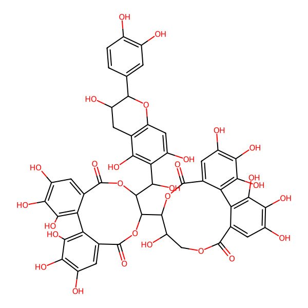 2D Structure of (10R,11R)-10-[(10R,11R)-11-[(S)-[(2R,3S)-2-(3,4-dihydroxyphenyl)-3,5,7-trihydroxy-3,4-dihydro-2H-chromen-6-yl]-hydroxymethyl]-3,4,5,16,17,18-hexahydroxy-8,13-dioxo-9,12-dioxatricyclo[12.4.0.02,7]octadeca-1(18),2,4,6,14,16-hexaen-10-yl]-3,4,5,11,17,18,19-heptahydroxy-9,13-dioxatricyclo[13.4.0.02,7]nonadeca-1(19),2,4,6,15,17-hexaene-8,14-dione