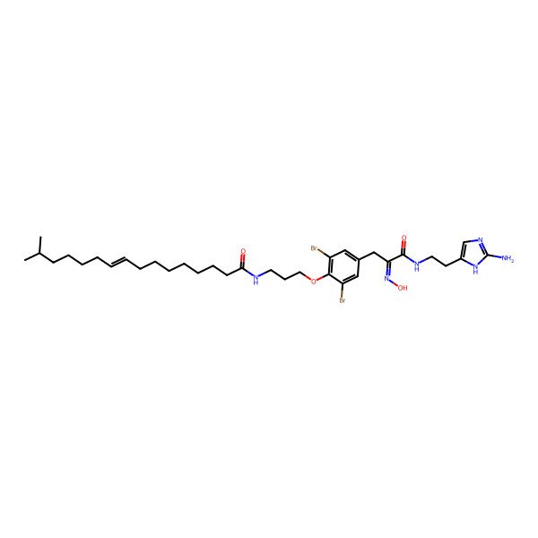 2D Structure of (Z)-N-[3-[4-[(2Z)-3-[2-(2-amino-1H-imidazol-5-yl)ethylamino]-2-hydroxyimino-3-oxopropyl]-2,6-dibromophenoxy]propyl]-15-methylhexadec-9-enamide