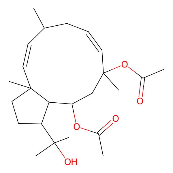 2D Structure of [(1R,3aR,4E,6S,8E,10S,12S,12aS)-10-acetyloxy-1-(2-hydroxypropan-2-yl)-3a,6,10-trimethyl-1,2,3,6,7,11,12,12a-octahydrocyclopenta[11]annulen-12-yl] acetate