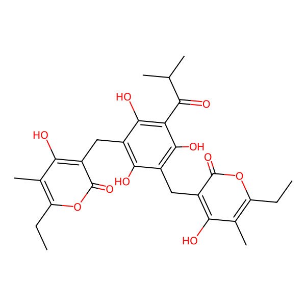 2D Structure of 3,3'-[[2,4,6-Trihydroxy-5-(2-methyl-1-oxopropyl)-1,3-phenylene]bis(methylene)]bis[6-ethyl-4-hydroxy-5-methyl-2H-pyran-2-one]