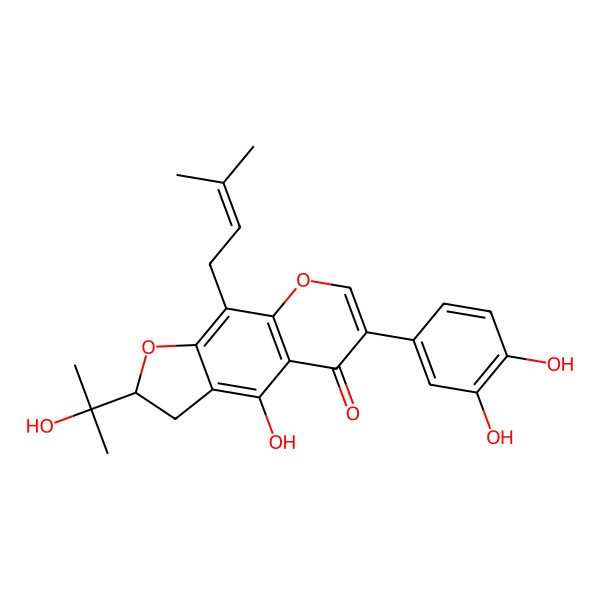 2D Structure of (2S)-6-(3,4-dihydroxyphenyl)-4-hydroxy-2-(2-hydroxypropan-2-yl)-9-(3-methylbut-2-enyl)-2,3-dihydrofuro[3,2-g]chromen-5-one