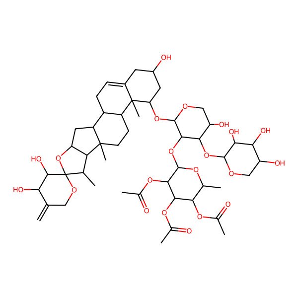 2D Structure of [(2S,3S,4R,5R,6S)-4,5-diacetyloxy-6-[(2S,3R,4S,5S)-5-hydroxy-4-[(2S,3R,4S,5R)-3,4,5-trihydroxyoxan-2-yl]oxy-2-[(1S,2S,3'S,4S,4'S,6S,7S,8R,9S,12S,13R,14R,16R)-3',4',16-trihydroxy-7,9,13-trimethyl-5'-methylidenespiro[5-oxapentacyclo[10.8.0.02,9.04,8.013,18]icos-18-ene-6,2'-oxane]-14-yl]oxyoxan-3-yl]oxy-2-methyloxan-3-yl] acetate