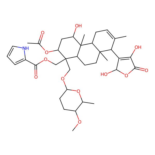 2D Structure of [2-acetyloxy-8-(2,4-dihydroxy-5-oxo-2H-furan-3-yl)-4-hydroxy-1-[(5-methoxy-6-methyloxan-2-yl)oxymethyl]-4a,7,8a-trimethyl-3,4,4b,5,8,9,10,10a-octahydro-2H-phenanthren-1-yl]methyl 1H-pyrrole-2-carboxylate