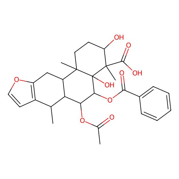 2D Structure of (3S,4S,4aS,5R,6R,6aS,7R,11aS,11bR)-6-acetyloxy-5-benzoyloxy-3,4a-dihydroxy-4,7,11b-trimethyl-2,3,5,6,6a,7,11,11a-octahydro-1H-naphtho[2,1-f][1]benzofuran-4-carboxylic acid