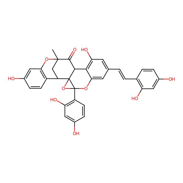 2D Structure of 6a-(2,4-Dihydroxyphenyl)-9-[2-(2,4-dihydroxyphenyl)ethenyl]-2,11-dihydroxy-13-methyl-5,13-methano-5H,6aH,13H-oxireno[2,3][1]benzopyrano[4,3-d][1]benzoxocin-12(11bH)-one