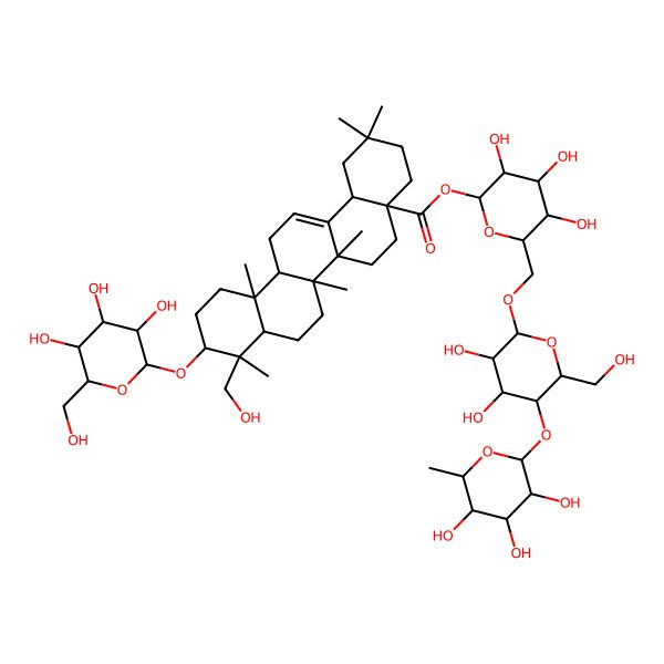 2D Structure of [(2S,3R,4S,5S,6R)-6-[[(2R,3R,4R,5S,6R)-3,4-dihydroxy-6-(hydroxymethyl)-5-[(2S,3R,4R,5R,6S)-3,4,5-trihydroxy-6-methyloxan-2-yl]oxyoxan-2-yl]oxymethyl]-3,4,5-trihydroxyoxan-2-yl] (4aS,6aR,6aS,6bR,8aR,9R,10S,12aR,14bR)-9-(hydroxymethyl)-2,2,6a,6b,9,12a-hexamethyl-10-[(2R,3R,4S,5S,6R)-3,4,5-trihydroxy-6-(hydroxymethyl)oxan-2-yl]oxy-1,3,4,5,6,6a,7,8,8a,10,11,12,13,14b-tetradecahydropicene-4a-carboxylate