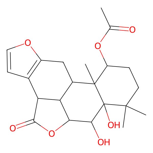 2D Structure of (12,13-Dihydroxy-14,14,18-trimethyl-9-oxo-4,10-dioxapentacyclo[9.7.1.03,7.08,19.013,18]nonadeca-3(7),5-dien-17-yl) acetate