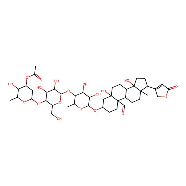 2D Structure of [(2R,3R,4S,6S)-6-[(2R,3S,4R,5R,6S)-6-[(2S,3R,4S,5R,6R)-6-[[(3S,5S,8R,9S,10S,13R,14S,17R)-10-formyl-5,14-dihydroxy-13-methyl-17-(5-oxo-2H-furan-3-yl)-2,3,4,6,7,8,9,11,12,15,16,17-dodecahydro-1H-cyclopenta[a]phenanthren-3-yl]oxy]-4,5-dihydroxy-2-methyloxan-3-yl]oxy-4,5-dihydroxy-2-(hydroxymethyl)oxan-3-yl]oxy-3-hydroxy-2-methyloxan-4-yl] acetate