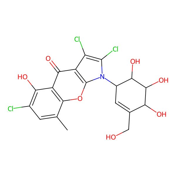 2D Structure of 2,3,6-Trichloro-5-hydroxy-8-methyl-1-[4,5,6-trihydroxy-3-(hydroxymethyl)cyclohex-2-en-1-yl]chromeno[2,3-b]pyrrol-4-one