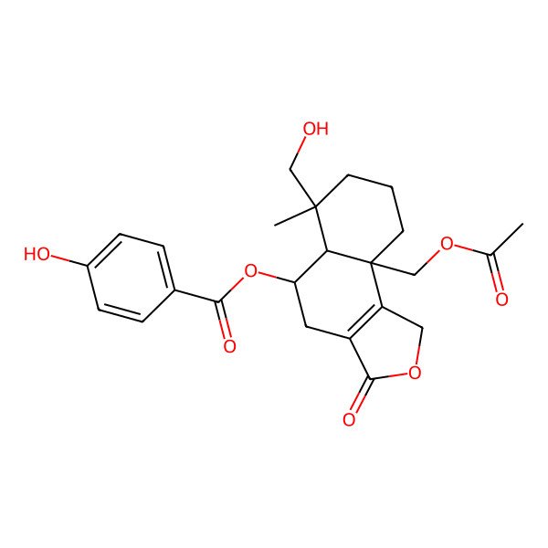 2D Structure of [9a-(acetyloxymethyl)-6-(hydroxymethyl)-6-methyl-3-oxo-4,5,5a,7,8,9-hexahydro-1H-benzo[e][2]benzofuran-5-yl] 4-hydroxybenzoate