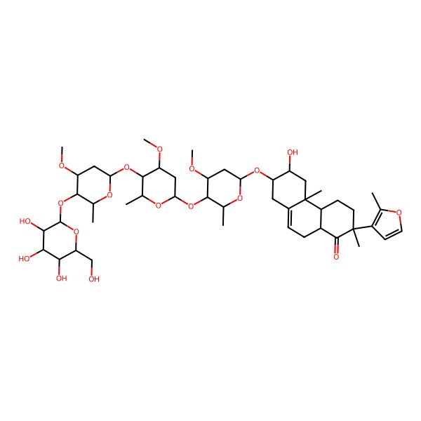 2D Structure of 6-hydroxy-7-[4-methoxy-5-[4-methoxy-5-[4-methoxy-6-methyl-5-[3,4,5-trihydroxy-6-(hydroxymethyl)oxan-2-yl]oxyoxan-2-yl]oxy-6-methyloxan-2-yl]oxy-6-methyloxan-2-yl]oxy-2,4b-dimethyl-2-(2-methylfuran-3-yl)-4,4a,5,6,7,8,10,10a-octahydro-3H-phenanthren-1-one