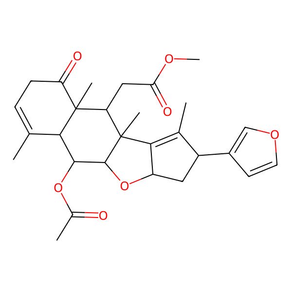 2D Structure of methyl 2-[(1S,2R,8R,9S,10R,13R)-2-acetyloxy-13-(furan-3-yl)-4,8,10,12-tetramethyl-7-oxo-16-oxatetracyclo[8.6.0.03,8.011,15]hexadeca-4,11-dien-9-yl]acetate