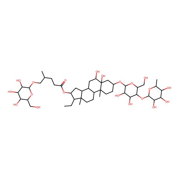 2D Structure of [(3S,5S,6S,8S,9S,10R,13S,14S,16S,17R)-3-[(2R,3R,4R,5S,6R)-3,4-dihydroxy-6-(hydroxymethyl)-5-[(2S,3R,4R,5R,6S)-3,4,5-trihydroxy-6-methyloxan-2-yl]oxyoxan-2-yl]oxy-17-ethyl-5,6-dihydroxy-10,13-dimethyl-1,2,3,4,6,7,8,9,11,12,14,15,16,17-tetradecahydrocyclopenta[a]phenanthren-16-yl] (4S)-4-methyl-5-[(2R,3R,4S,5S,6R)-3,4,5-trihydroxy-6-(hydroxymethyl)oxan-2-yl]oxypentanoate