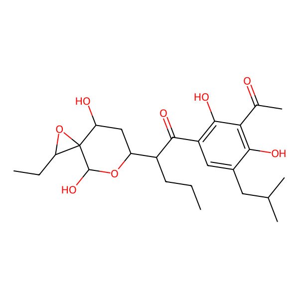 2D Structure of 1-[3-Acetyl-2,4-dihydroxy-5-(2-methylpropyl)phenyl]-2-(2-ethyl-4,8-dihydroxy-1,7-dioxaspiro[2.5]octan-6-yl)pentan-1-one
