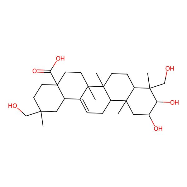 2D Structure of (2S,4aR,6aR,6aS,6bR,8aR,9R,10R,11S,12aR,14bS)-10,11-dihydroxy-2,9-bis(hydroxymethyl)-2,6a,6b,9,12a-pentamethyl-1,3,4,5,6,6a,7,8,8a,10,11,12,13,14b-tetradecahydropicene-4a-carboxylic acid