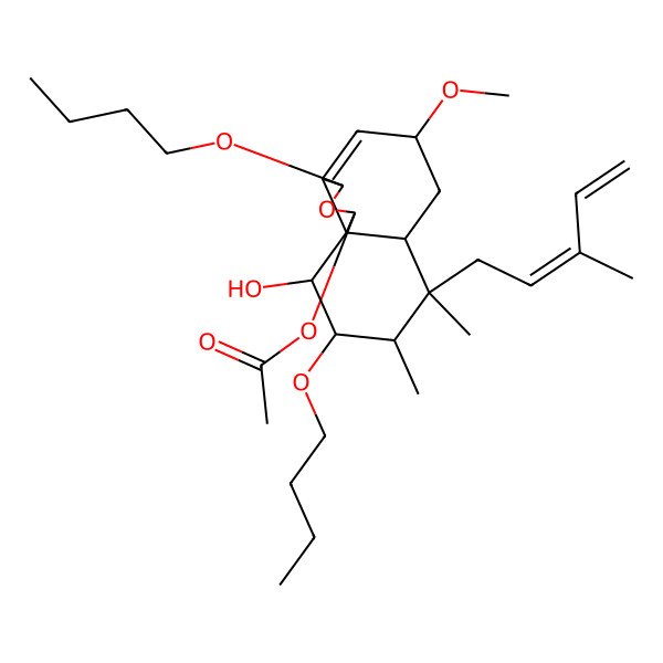 2D Structure of [(1S,3R,5R,6aS,7S,8S,9R,10R,10aS)-3,9-dibutoxy-10-hydroxy-5-methoxy-7,8-dimethyl-7-[(2E)-3-methylpenta-2,4-dienyl]-1,3,5,6,6a,8,9,10-octahydrobenzo[h][2]benzofuran-1-yl] acetate